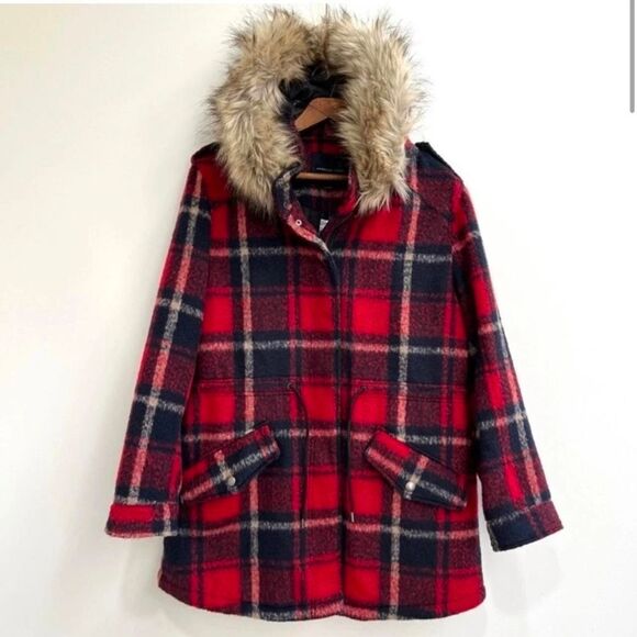 American Eagle Wool Plaid Faux Fur Coat - Picture 1 of 6